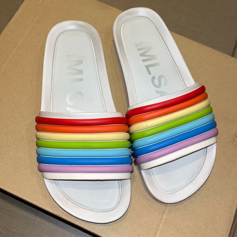 SOLD MELISSA Rainbow slides size 6  EUC